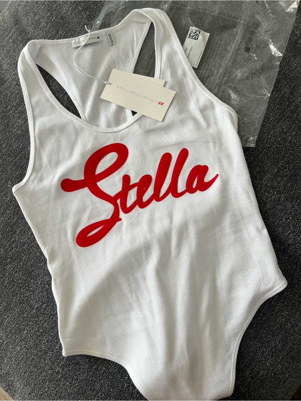 Stella McCartney White Ribbed Racerback Bodysuit with Red Script